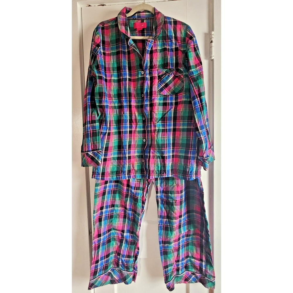 Victoria's Secret 2pc set Pajamas metallic silver plaid cotton button womens XL